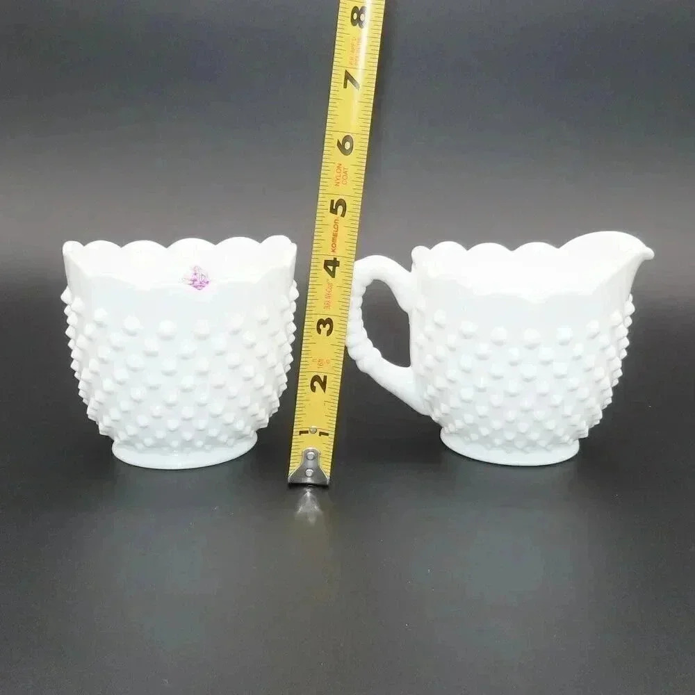 Vintage Fenton Oval Hobnail Milk Glass Sugar Bowl Creamer Set 1950s 1960s - Picture 8 of 8